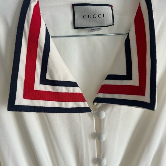 Gucci white silk maxi dress with red white and blue trim collar size S - Picture 3 of 7